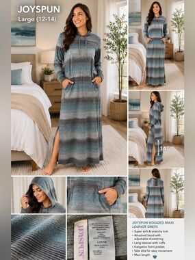 Joyspun Hooded Maxi Lounge Dress L Gray Aqua Stripe Pocket Side Slits